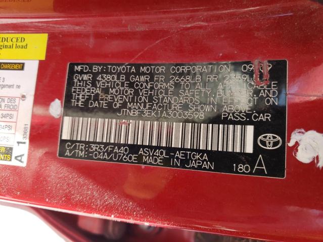 Photo 10 from auction – 2010 TOYOTA CAMRY BASE with VIN JTNBF3EK1A3003598