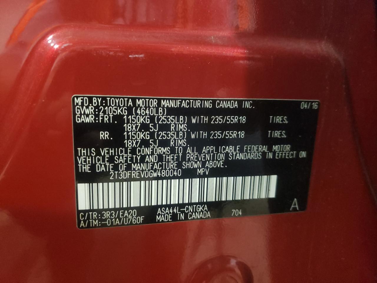 Photo 10 from auction – 2016 TOYOTA RAV4 LIMIT with VIN 2T3DFREV0GW480040