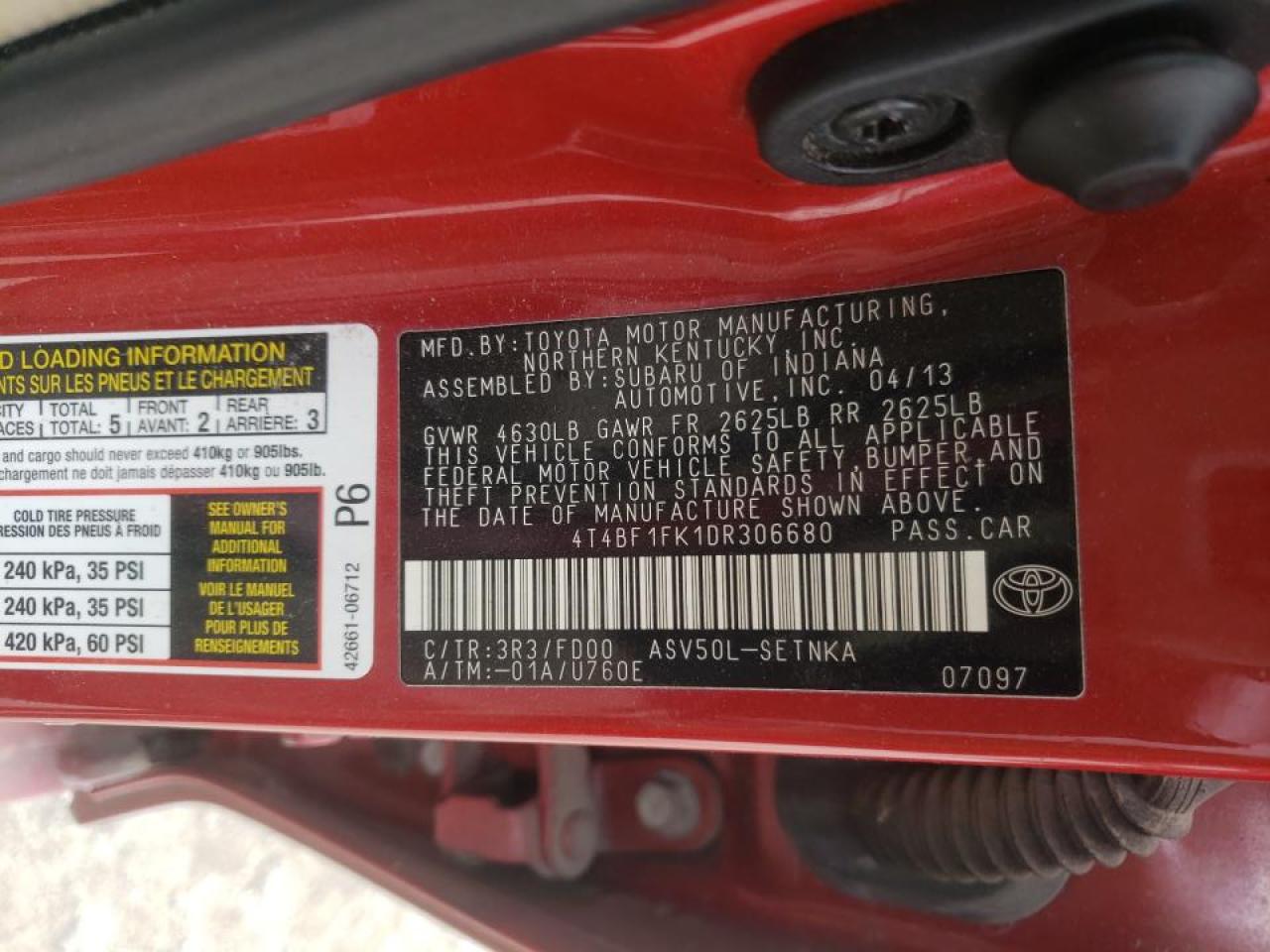 Photo 10 from auction – 2013 TOYOTA CAMRY L with VIN 4T4BF1FK1DR306680