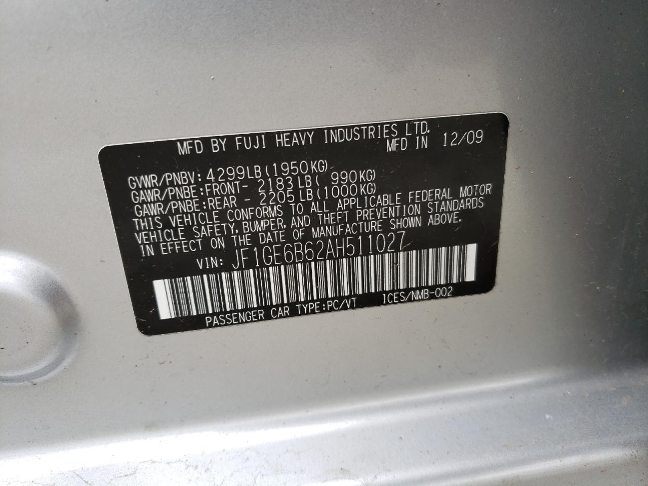 Photo 10 from auction – 2010 SUBARU IMPREZA 2. with VIN JF1GE6B62AH511027