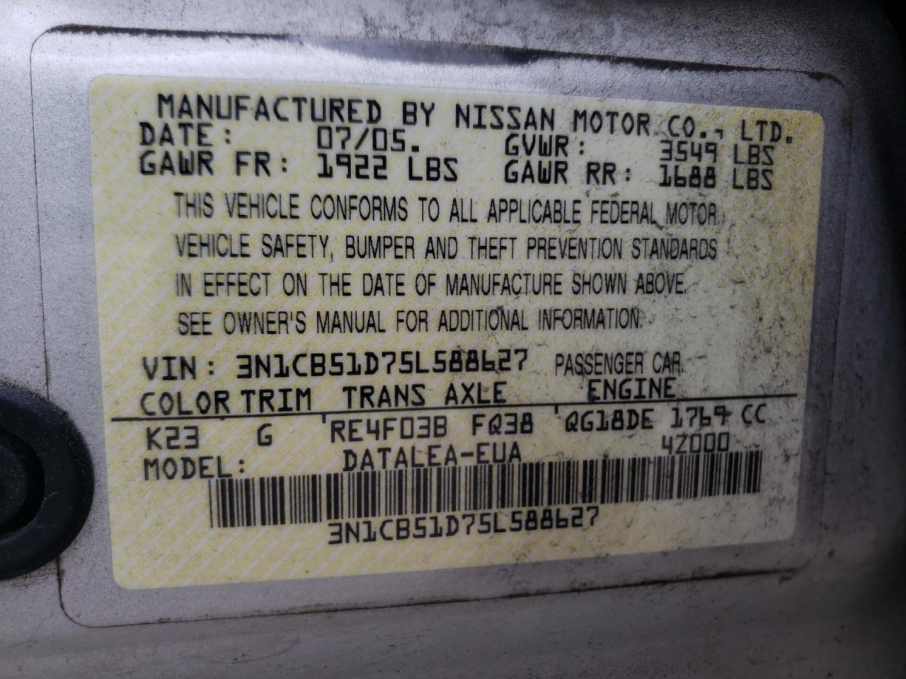 Photo 10 from auction – 2005 NISSAN SENTRA 1.8 with VIN 3N1CB51D75L588627