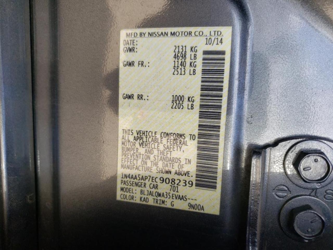 Photo 10 from auction – 2014 NISSAN MAXIMA S with VIN 1N4AA5AP7EC908239