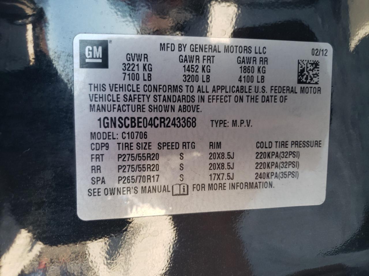 Photo 10 from auction – 2012 CHEVROLET TAHOE C150 with VIN 1GNSCBE04CR243368