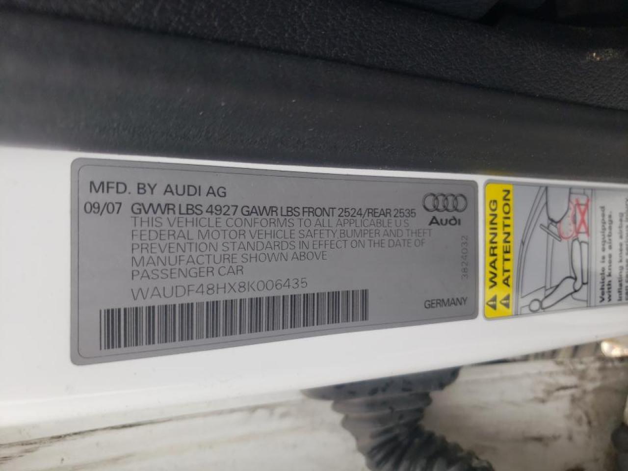Photo 10 from auction – 2008 AUDI A4 2.0T CA with VIN WAUDF48HX8K006435