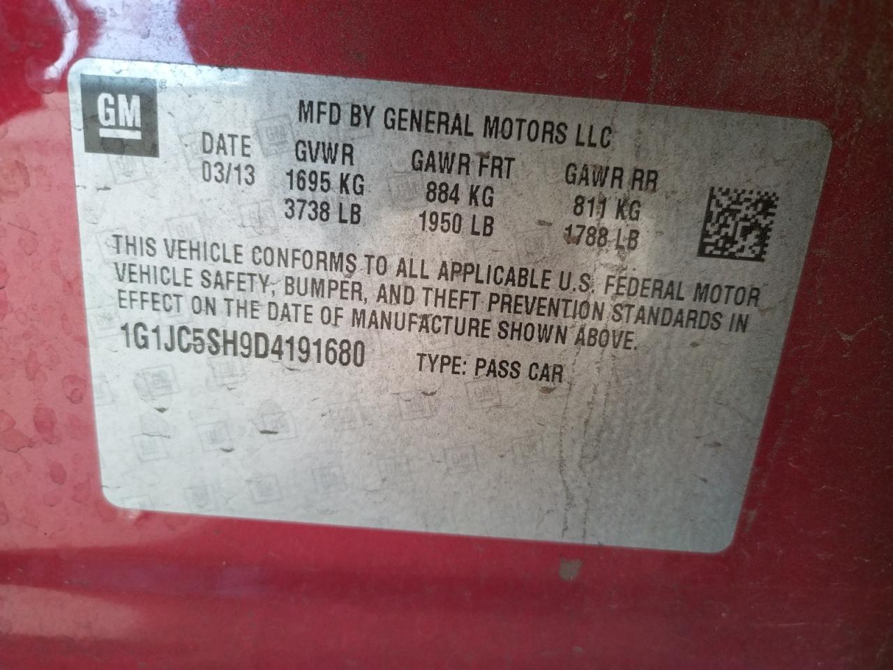 Photo 10 from auction – 2013 CHEVROLET SONIC LT with VIN 1G1JC5SH9D4191680