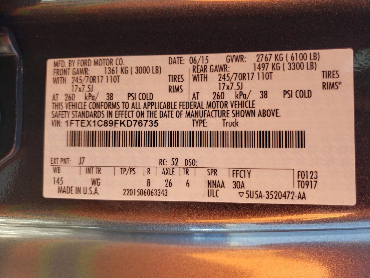 Photo 10 from auction – 2015 FORD F150 SUPER with VIN 1FTEX1C89FKD76735