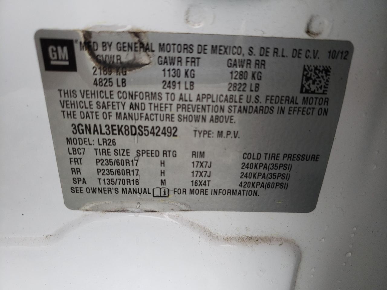 Photo 10 from auction – 2013 CHEVROLET CAPTIVA LT with VIN 3GNAL3EK8DS542492