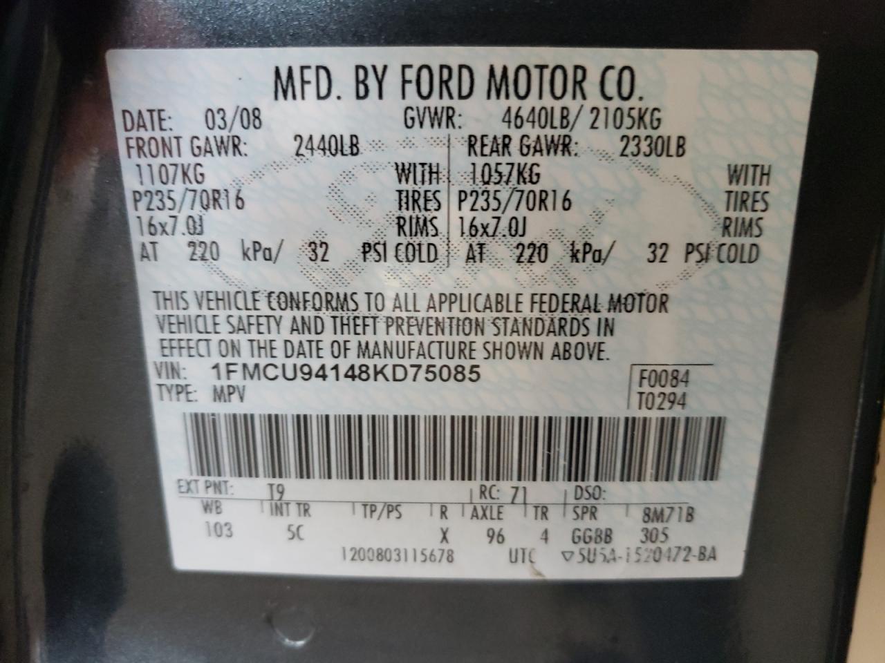 Photo 10 from auction – 2008 FORD ESCAPE LIM with VIN 1FMCU94148KD75085
