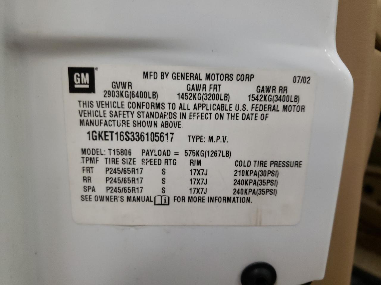 Photo 10 from auction – 2003 GMC ENVOY XL with VIN 1GKET16S336105617