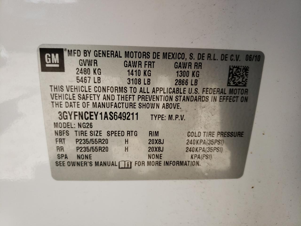Photo 10 from auction – 2010 CADILLAC SRX PREMIU with VIN 3GYFNCEY1AS649211