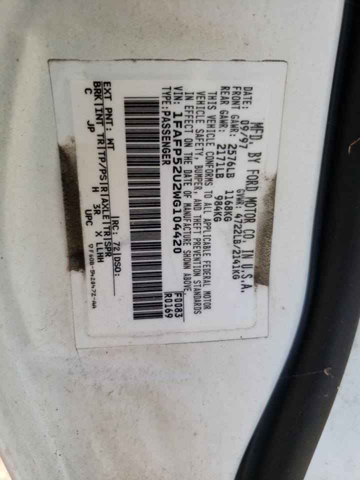 Photo 10 from auction – 1998 FORD TAURUS LX with VIN 1FAFP52U2WG104420
