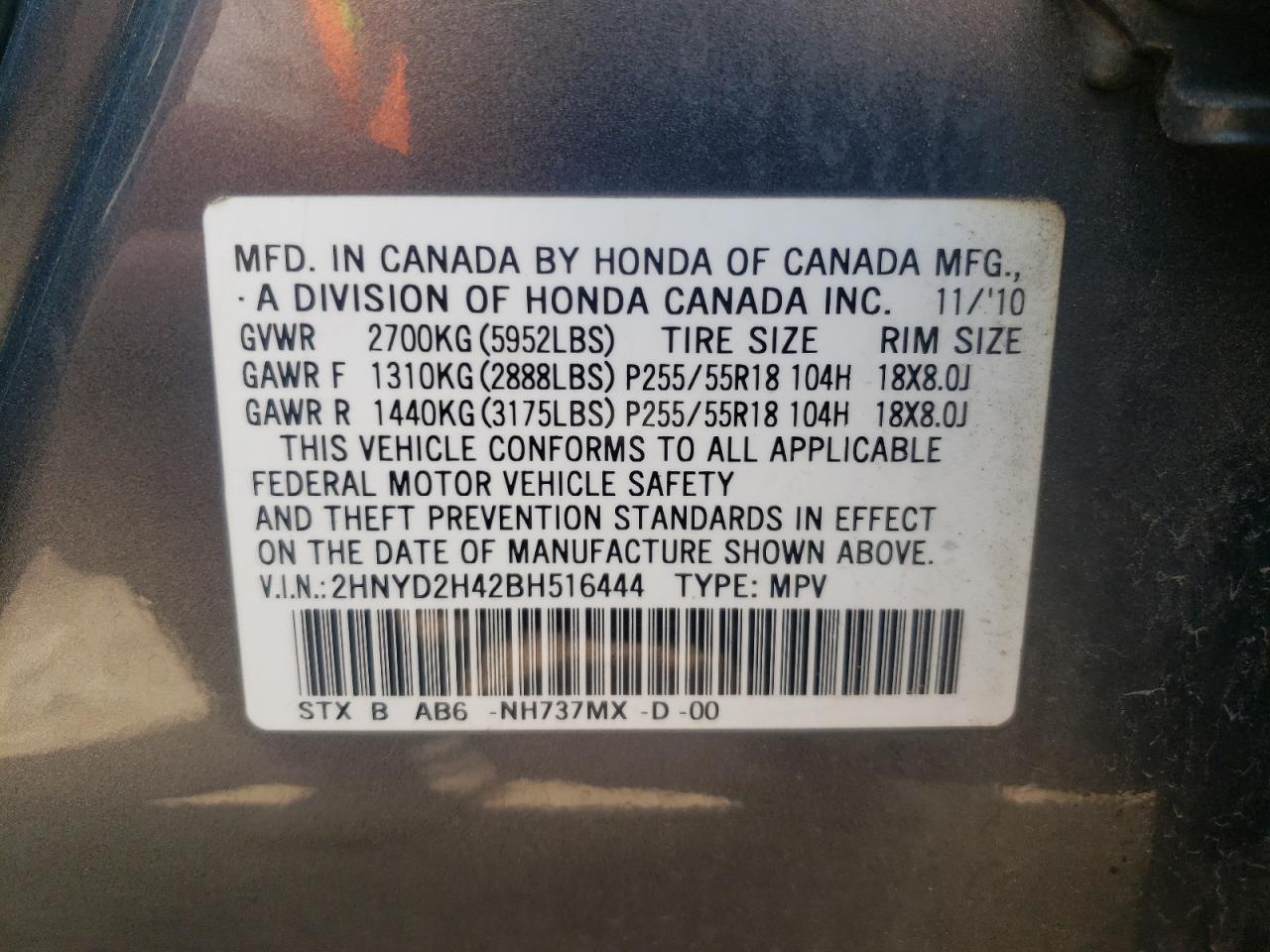 Photo 10 from auction – 2011 ACURA MDX TECHNO with VIN 2HNYD2H42BH516444