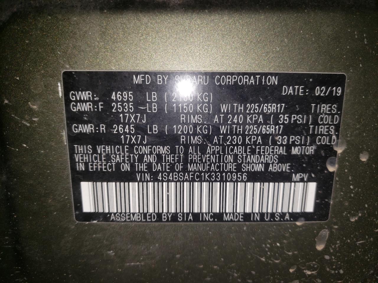 Photo 10 from auction – 2019 SUBARU OUTBACK 2. with VIN 4S4BSAFC1K3310956