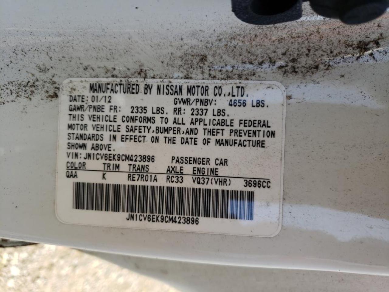 Photo 10 from auction – 2012 INFINITI G37 BASE with VIN JN1CV6EK9CM423896