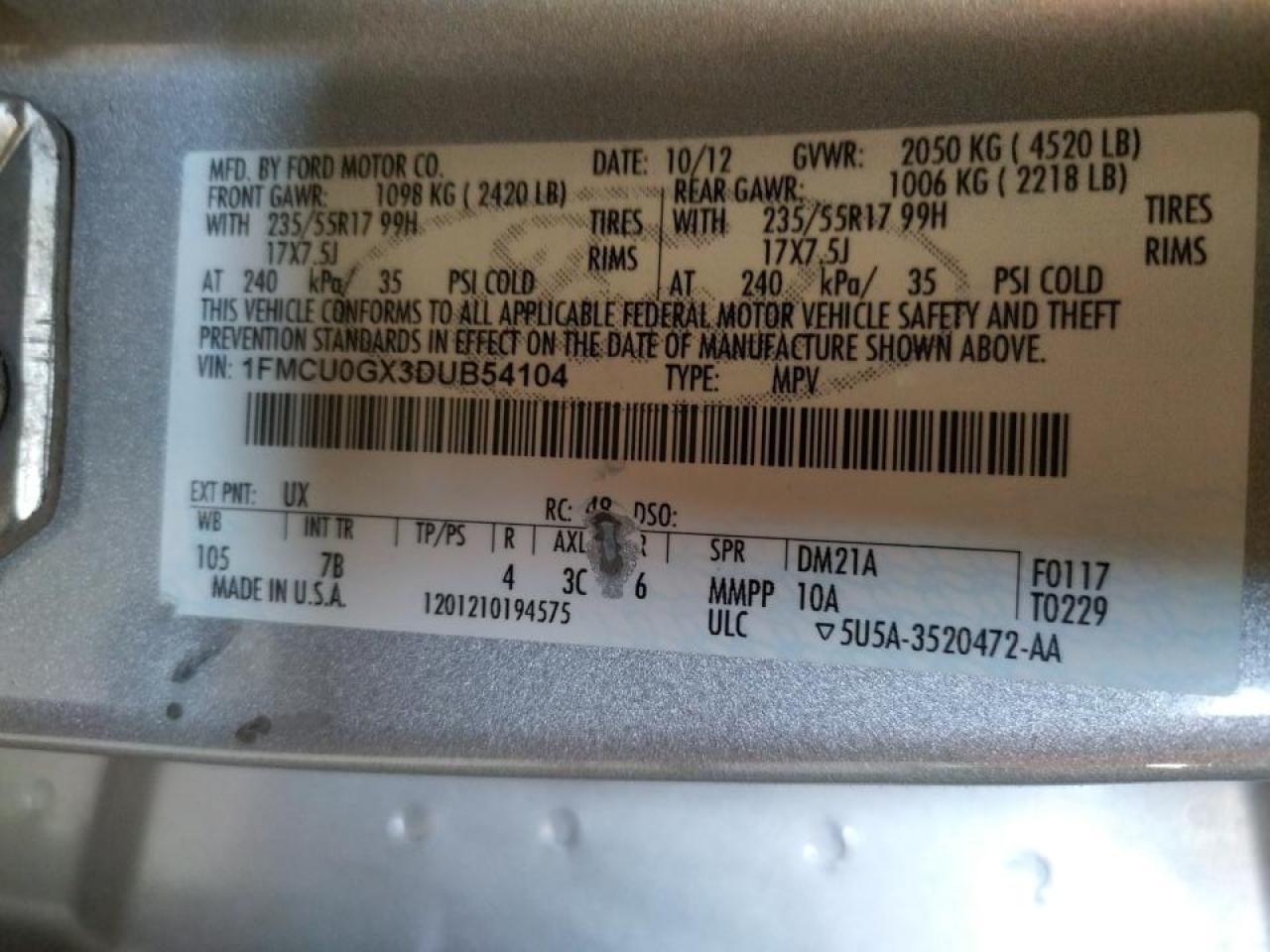 Photo 10 from auction – 2013 FORD ESCAPE SE with VIN 1FMCU0GX3DUB54104
