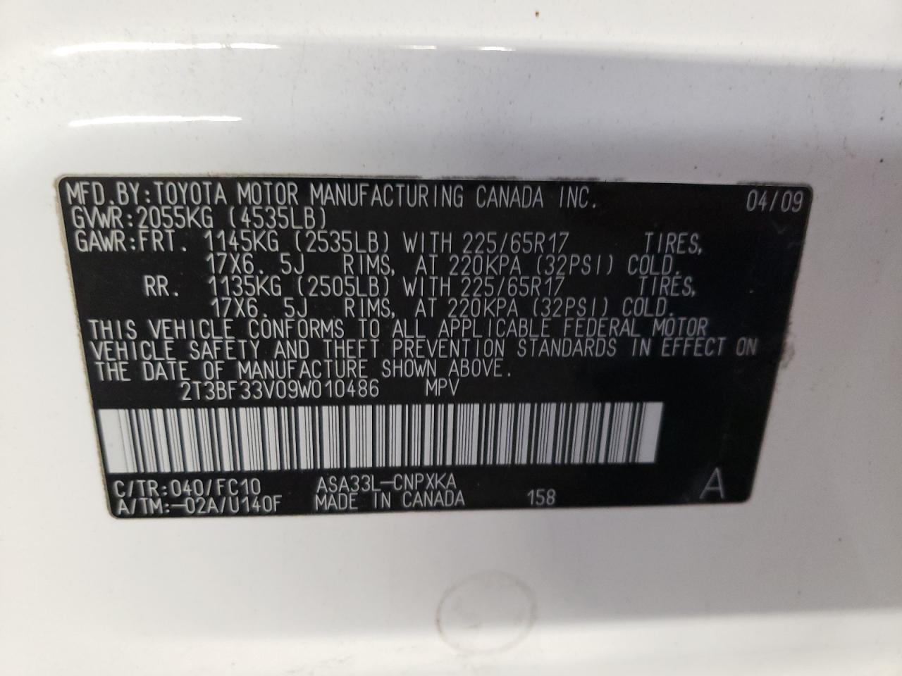 Photo 10 from auction – 2009 TOYOTA RAV4 with VIN 2T3BF33V09W010486