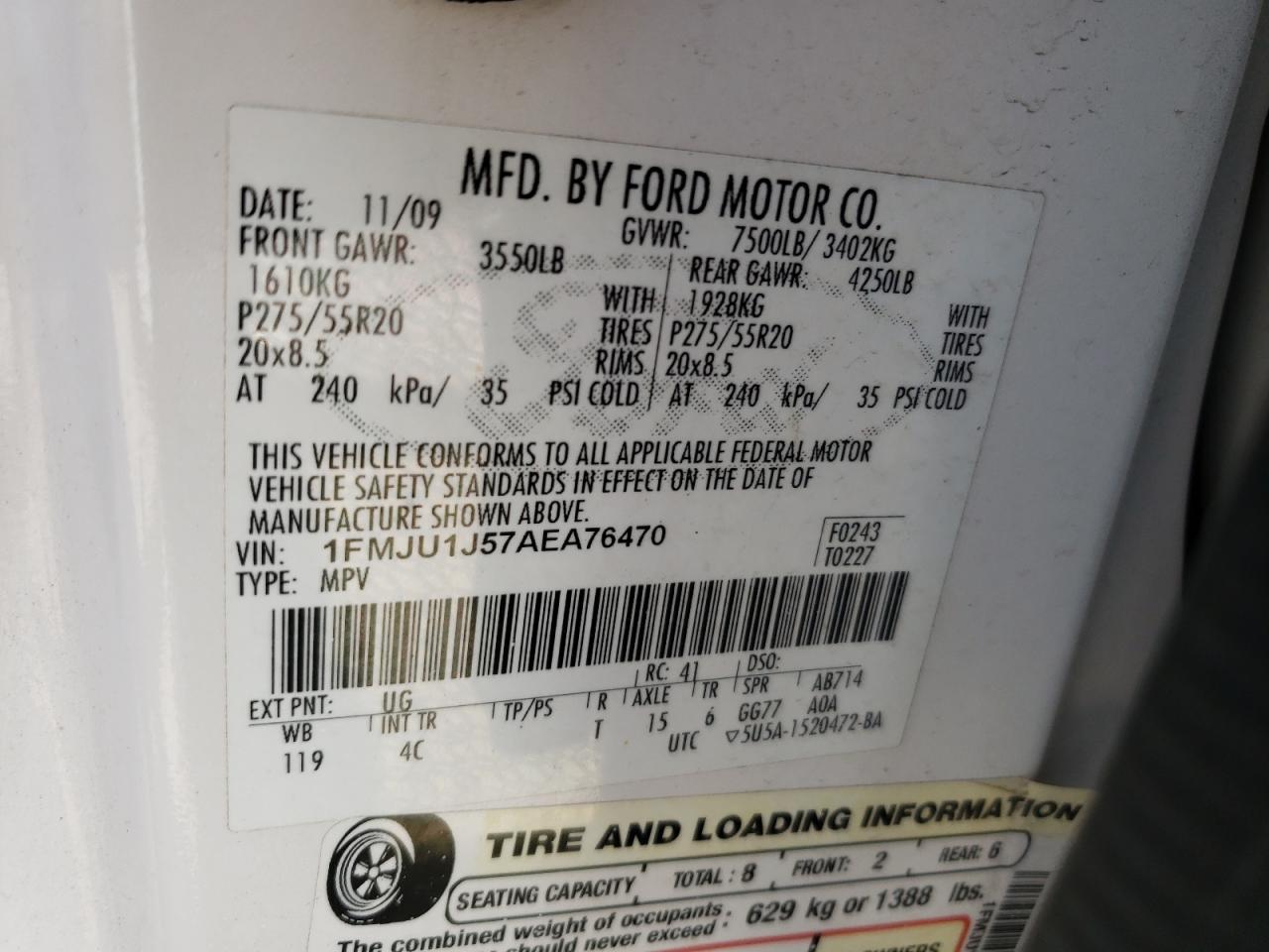 Photo 10 from auction – 2010 FORD EXPEDITION with VIN 1FMJU1J57AEA76470