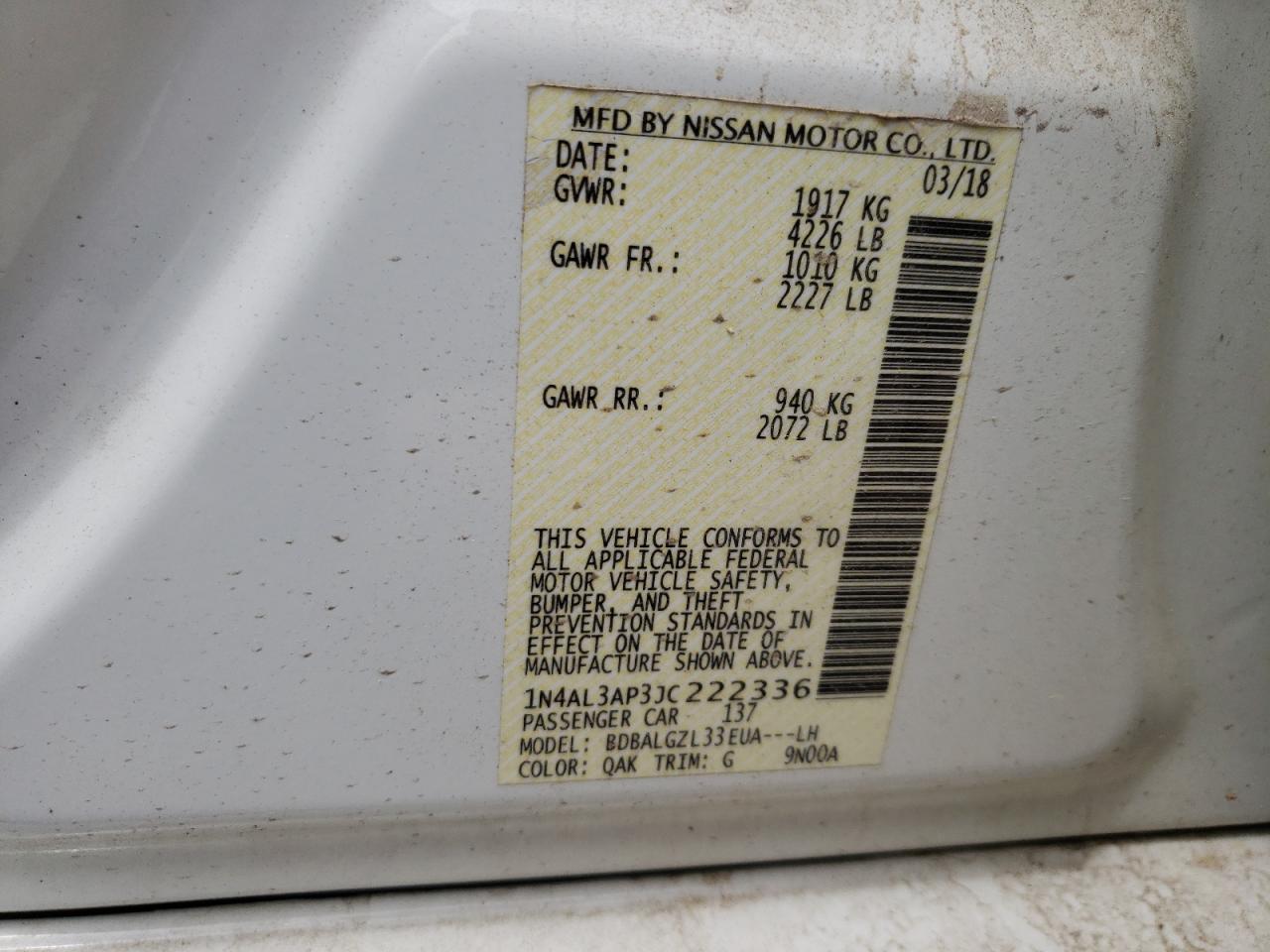 Photo 10 from auction – 2018 NISSAN ALTIMA 2.5 with VIN 1N4AL3AP3JC222336