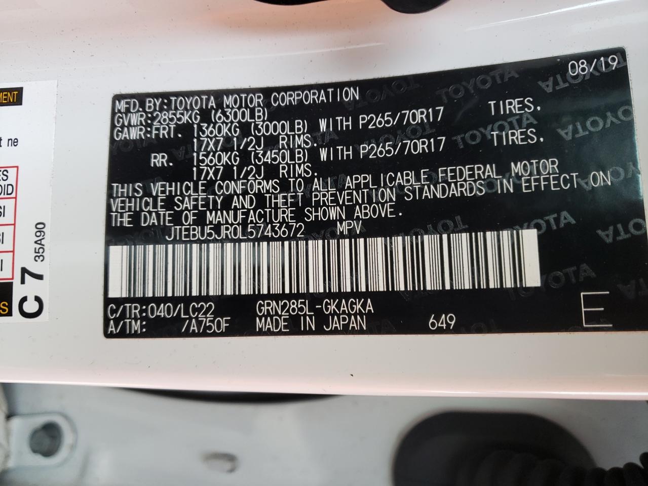Photo 10 from auction – 2020 TOYOTA 4RUNNER SR with VIN JTEBU5JR0L5743672