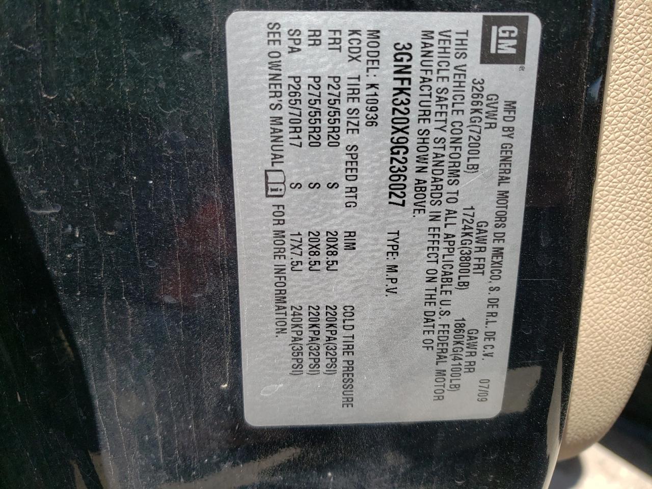Photo 10 from auction – 2009 CHEVROLET AVALANCHE with VIN 3GNFK320X9G236027