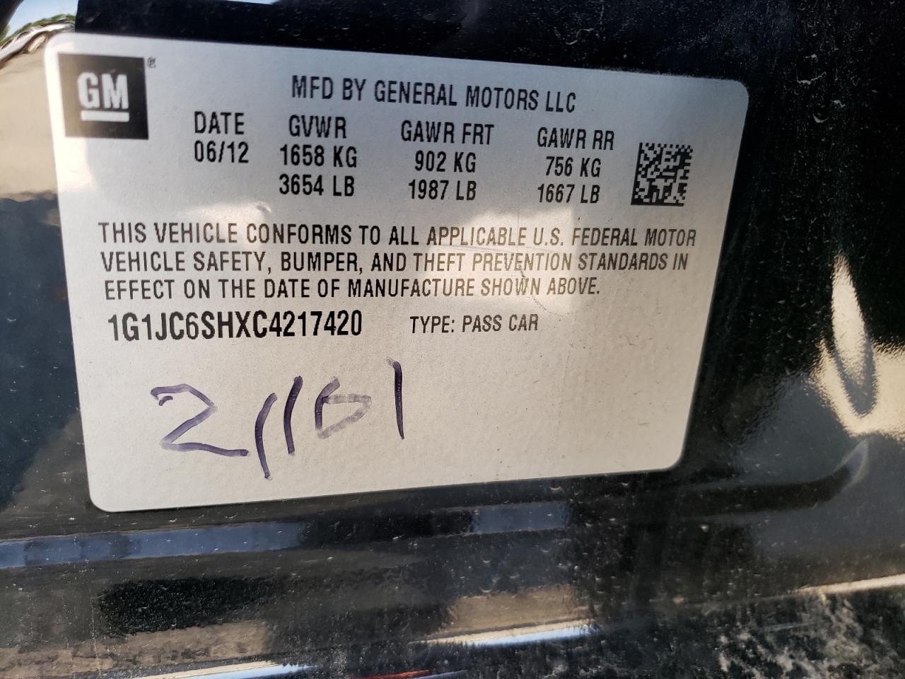 Photo 10 from auction – 2012 CHEVROLET SONIC LT with VIN 1G1JC6SHXC4217420