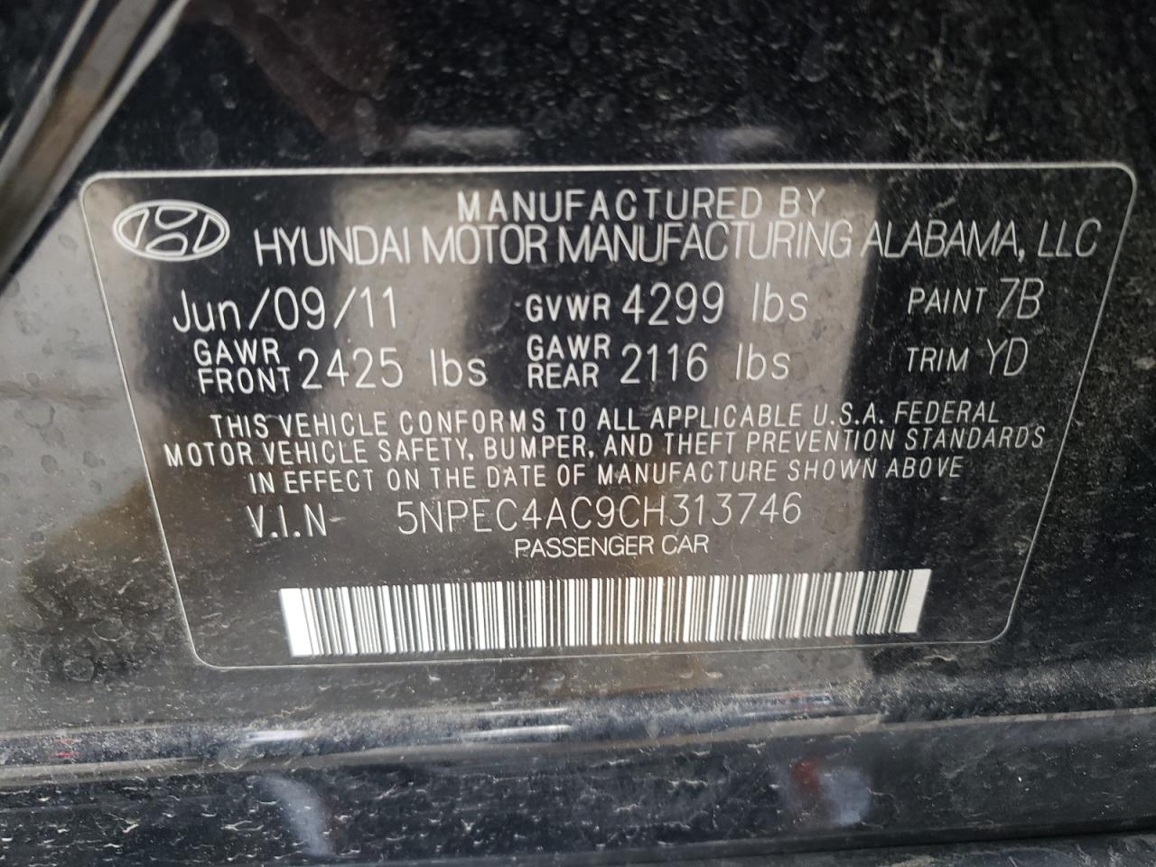 Photo 10 from auction – 2012 HYUNDAI SONATA SE with VIN 5NPEC4AC9CH313746