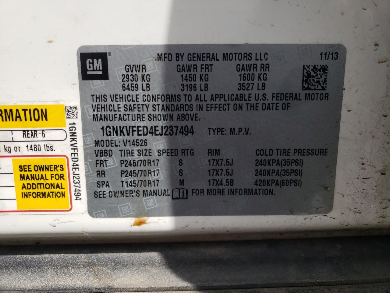Photo 10 from auction – 2014 CHEVROLET TRAVERSE L with VIN 1GNKVFED4EJ237494