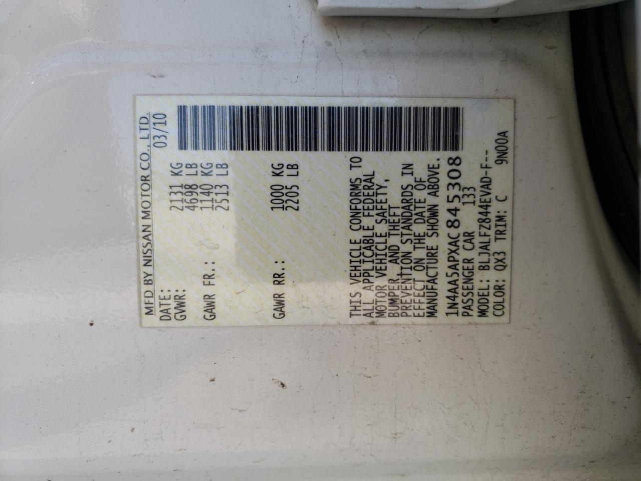 Photo 10 from auction – 2010 NISSAN MAXIMA S with VIN 1N4AA5APXAC845308