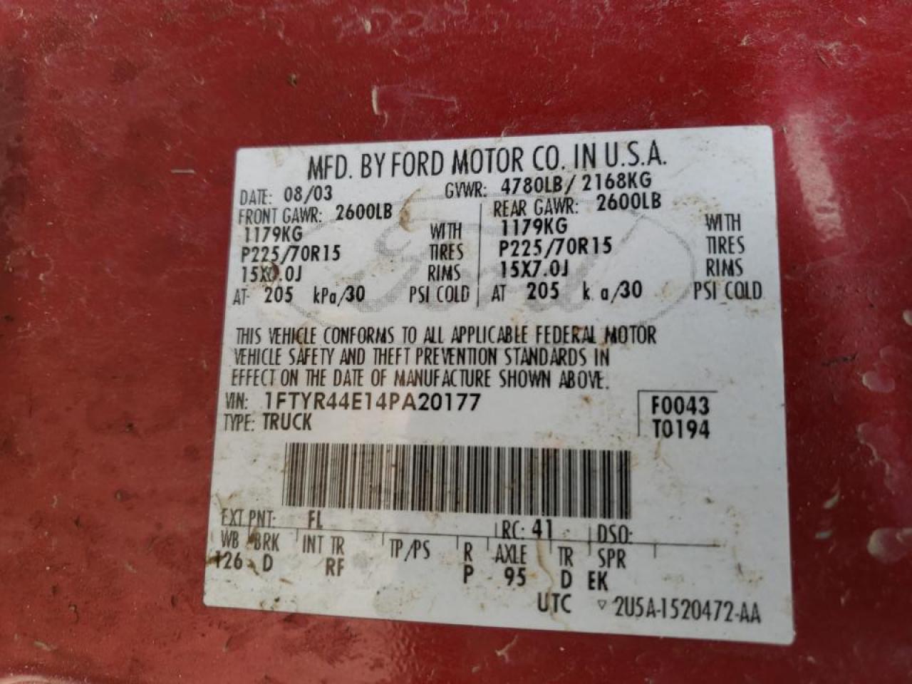 Photo 10 from auction – 2004 FORD RANGER SUP with VIN 1FTYR44E14PA20177