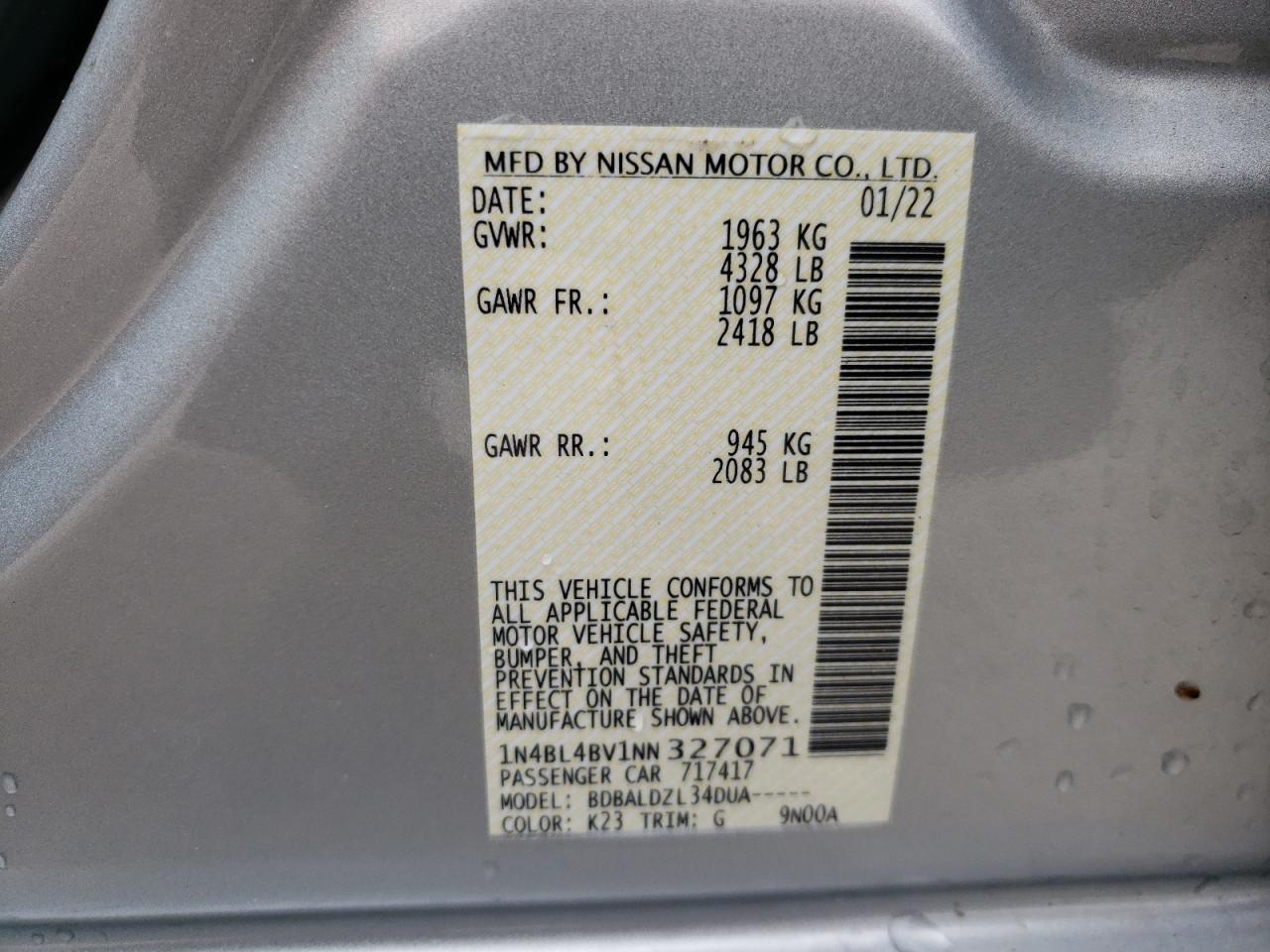 Photo 10 from auction – 2022 NISSAN ALTIMA with VIN 1N4BL4BV1NN327071