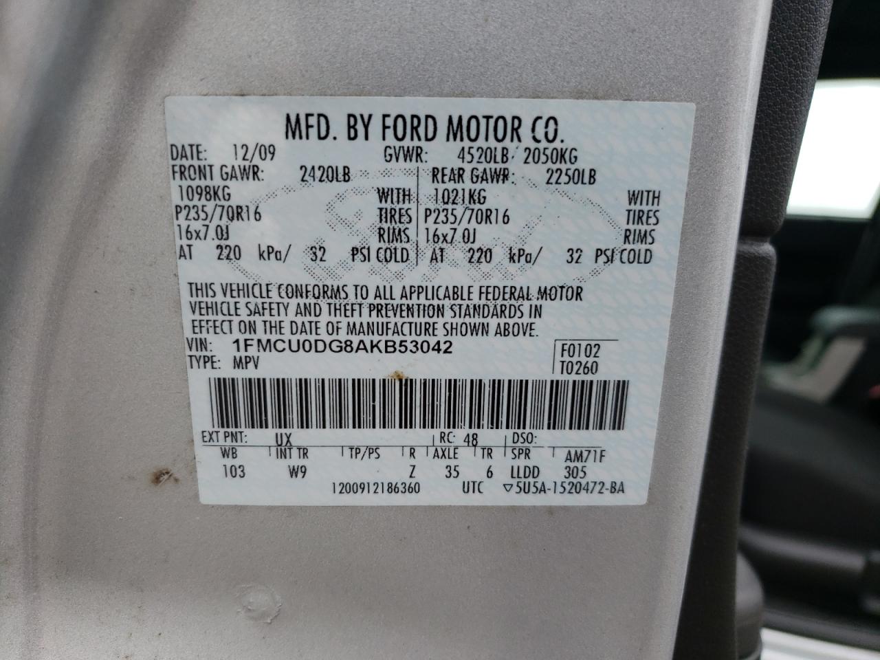 Photo 10 from auction – 2010 FORD ESCAPE XLT with VIN 1FMCU0DG8AKB53042