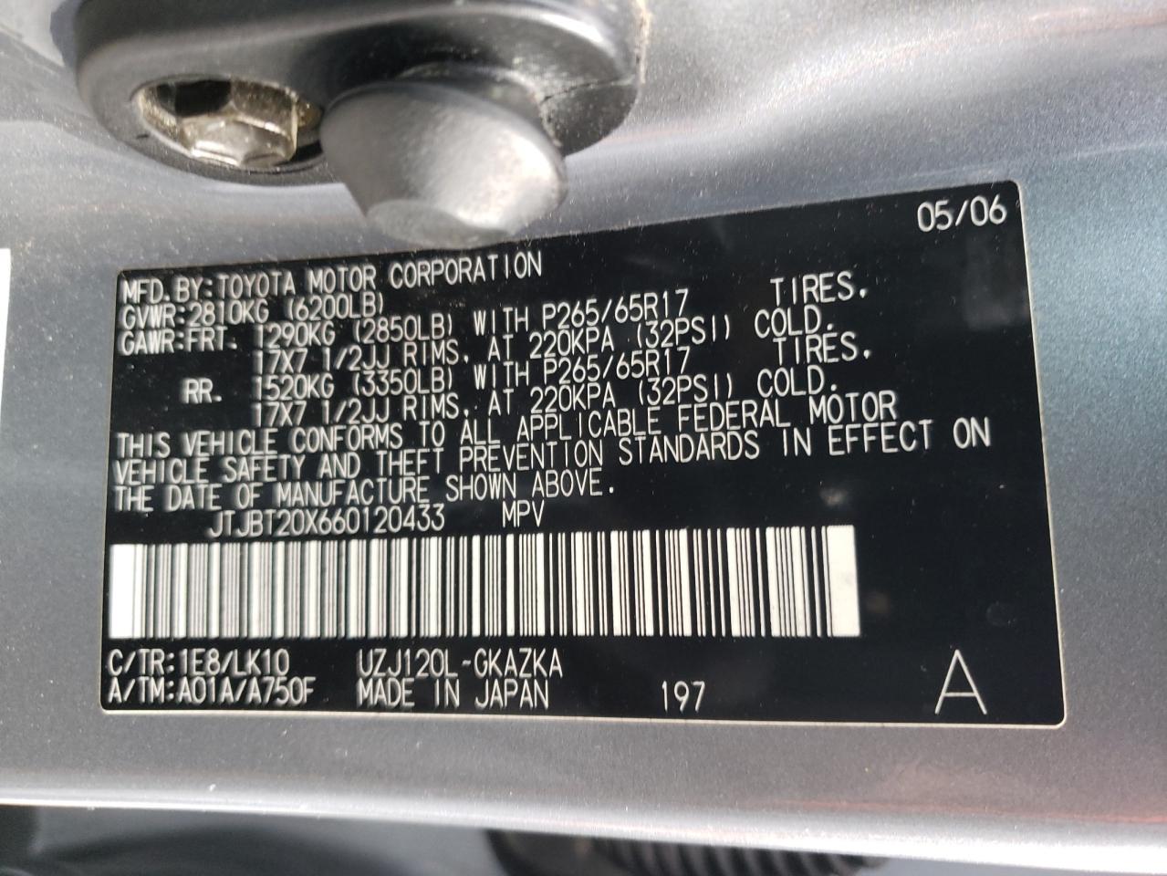 Photo 10 from auction – 2006 LEXUS GX 470 with VIN JTJBT20X660120433