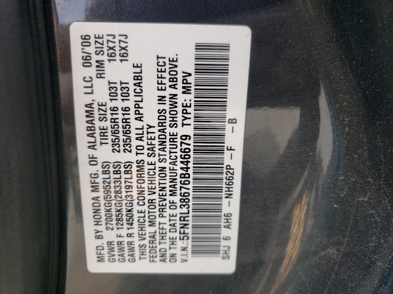 Photo 10 from auction – 2006 HONDA ODYSSEY EX with VIN 5FNRL38676B446679
