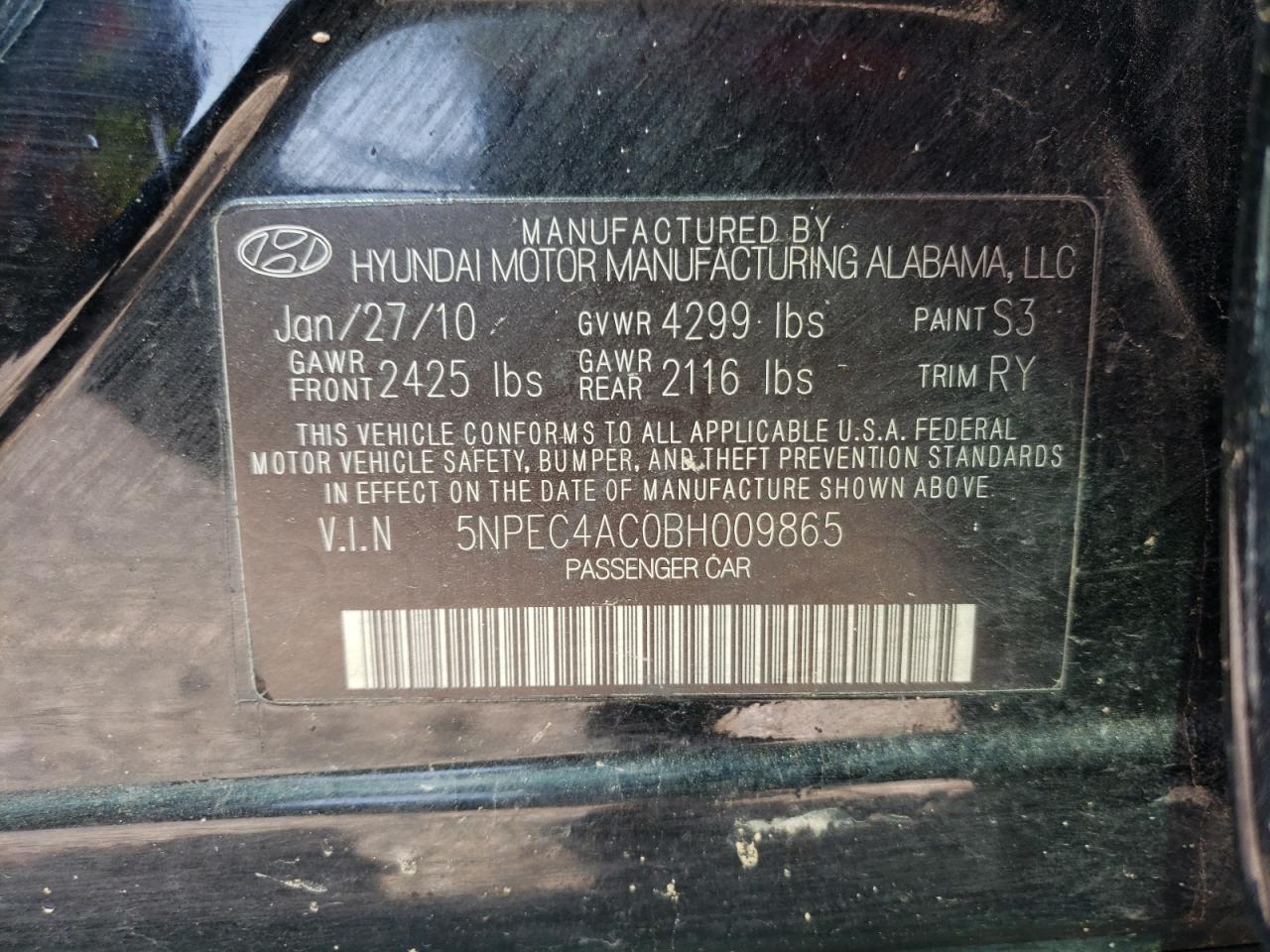 Photo 10 from auction – 2011 HYUNDAI SONATA SE with VIN 5NPEC4AC0BH009865