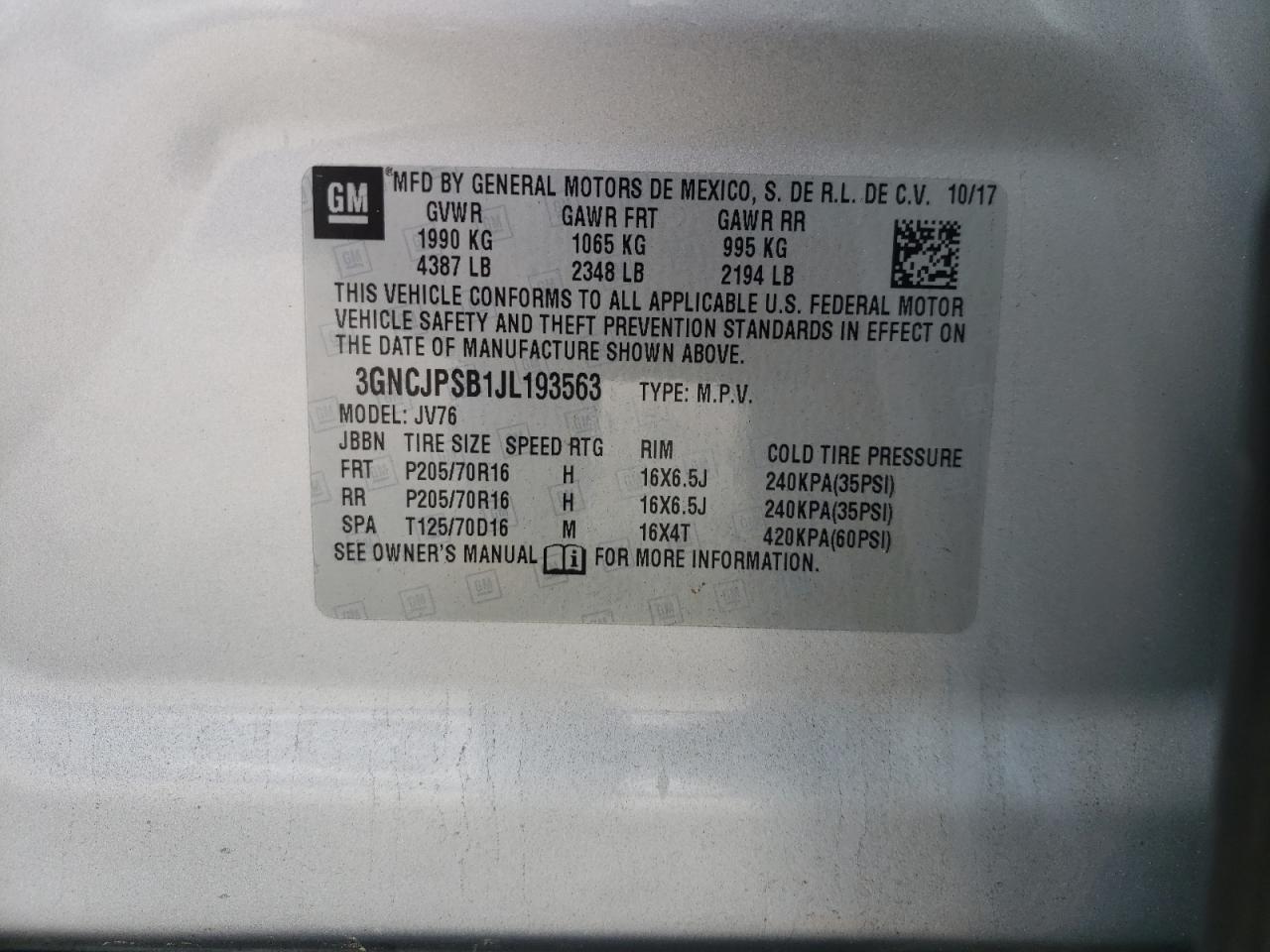 Photo 10 from auction – 2018 CHEVROLET TRAX 1LT with VIN 3GNCJPSB1JL193563