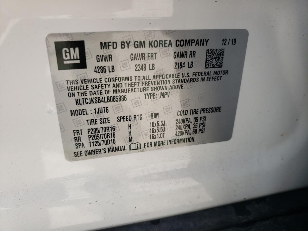Photo 10 from auction – 2020 CHEVROLET TRAX LS with VIN KL7CJKSB4LB085886