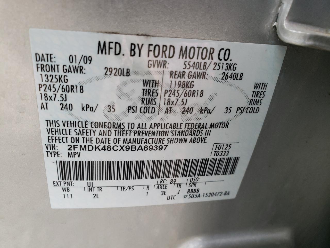 Photo 10 from auction – 2009 FORD EDGE SEL with VIN 2FMDK48CX9BA69397