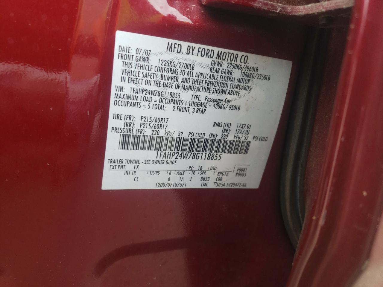 Photo 10 from auction – 2008 FORD TAURUS SEL with VIN 1FAHP24W78G118855