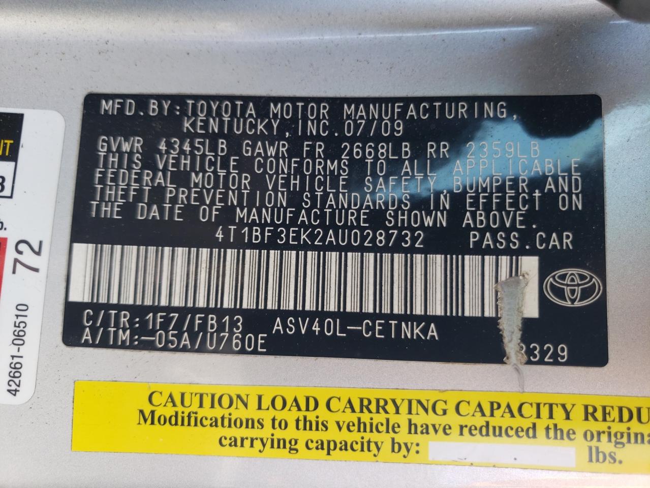 Photo 10 from auction – 2010 TOYOTA CAMRY BASE with VIN 4T1BF3EK2AU028732