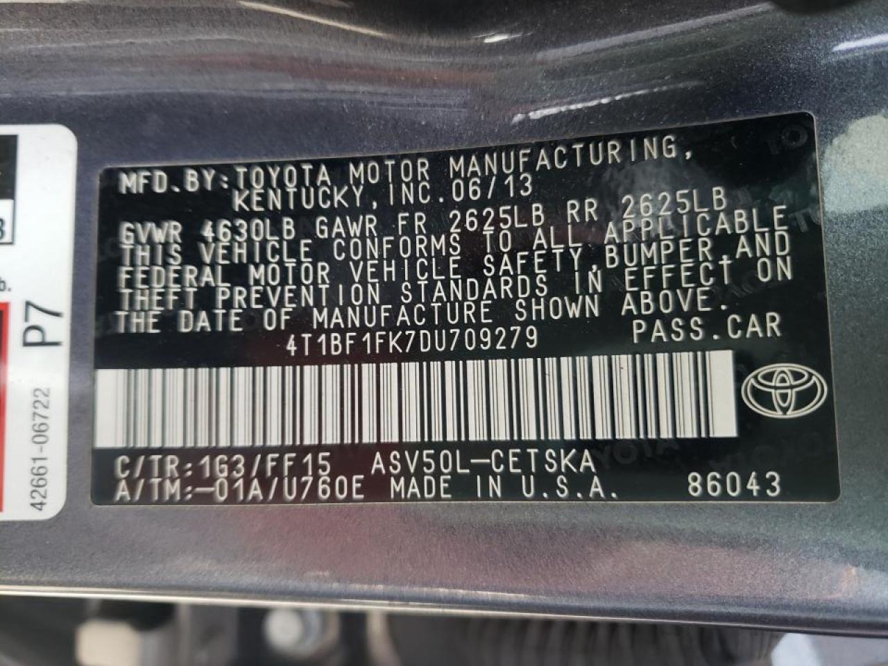 Photo 10 from auction – 2013 TOYOTA CAMRY L with VIN 4T1BF1FK7DU709279