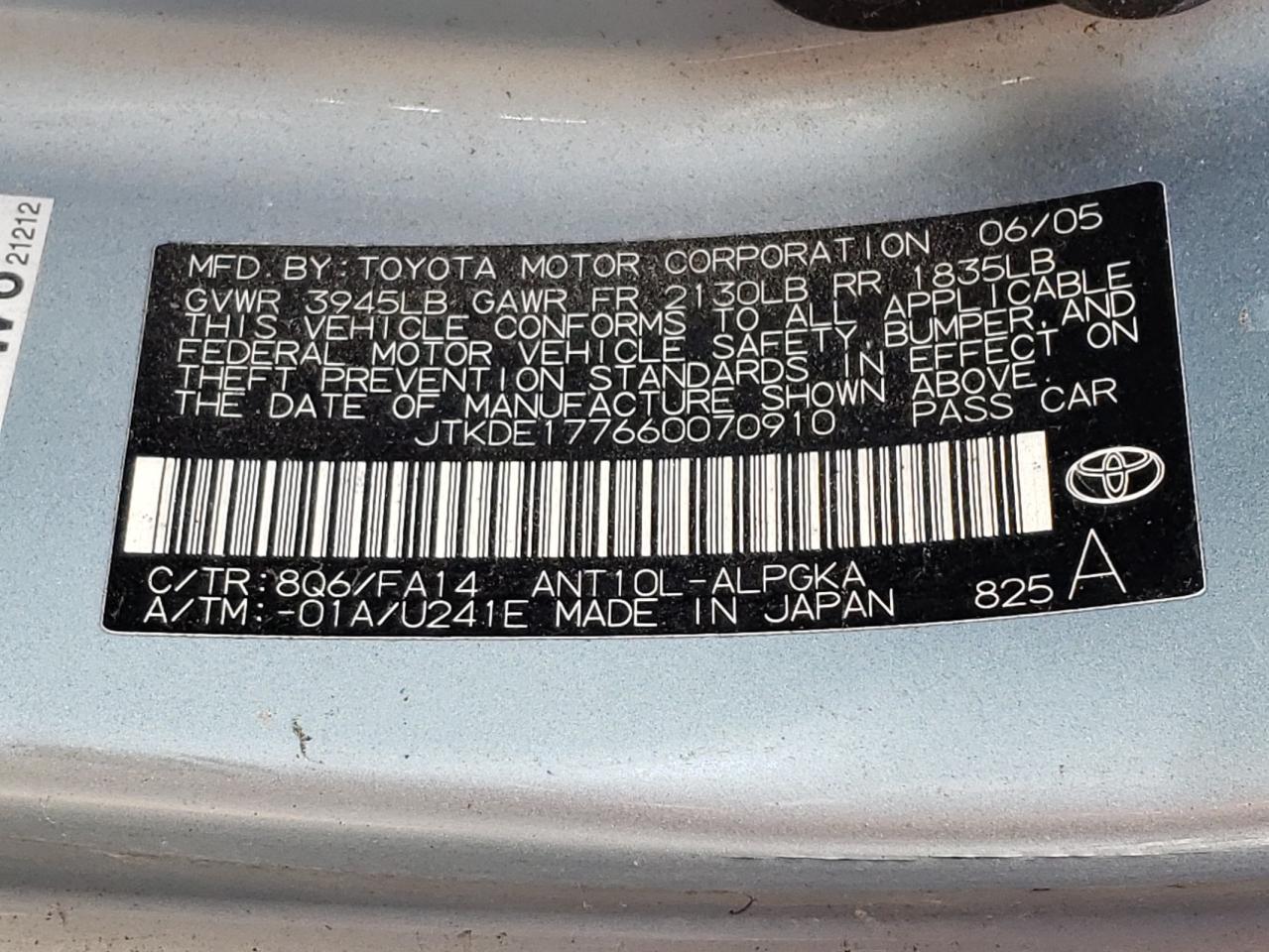 Photo 10 from auction – 2006 TOYOTA SCION TC with VIN JTKDE177660070910