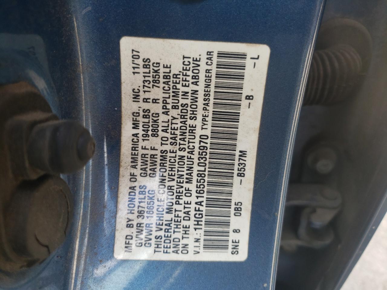 Photo 10 from auction – 2008 HONDA CIVIC LX with VIN 1HGFA16558L035970