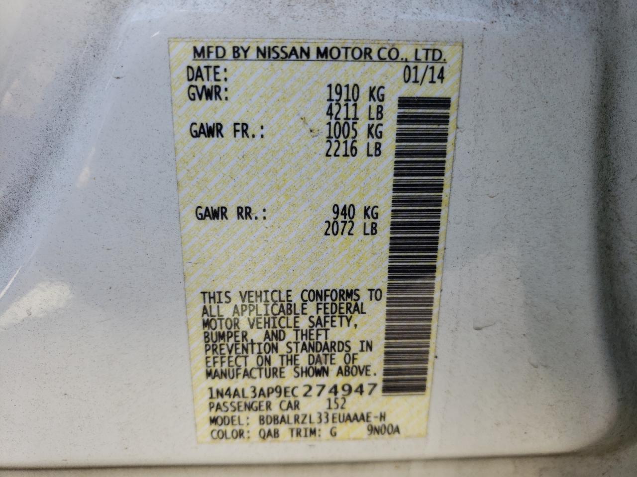 Photo 10 from auction – 2014 NISSAN ALTIMA 2.5 with VIN 1N4AL3AP9EC274947