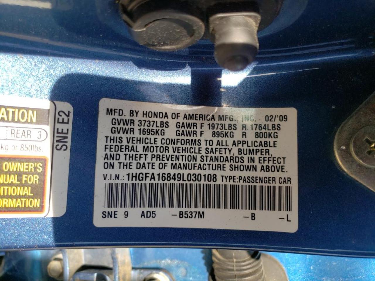 Photo 10 from auction – 2009 HONDA CIVIC EX with VIN 1HGFA16849L030108