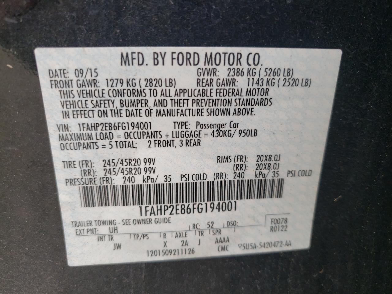 Photo 10 from auction – 2015 FORD TAURUS SEL with VIN 1FAHP2E86FG194001