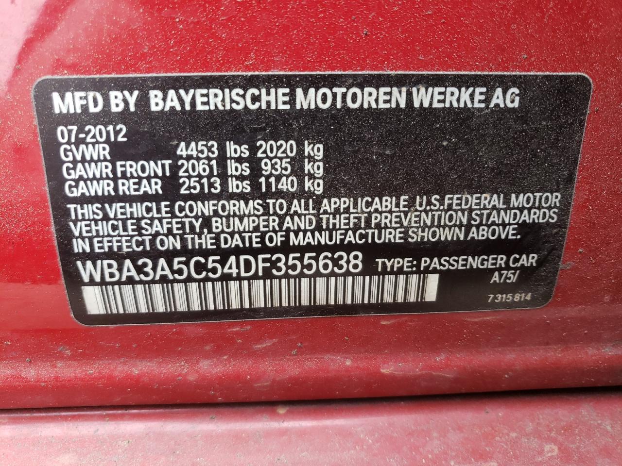Photo 10 from auction – 2013 BMW 328 I with VIN WBA3A5C54DF355638