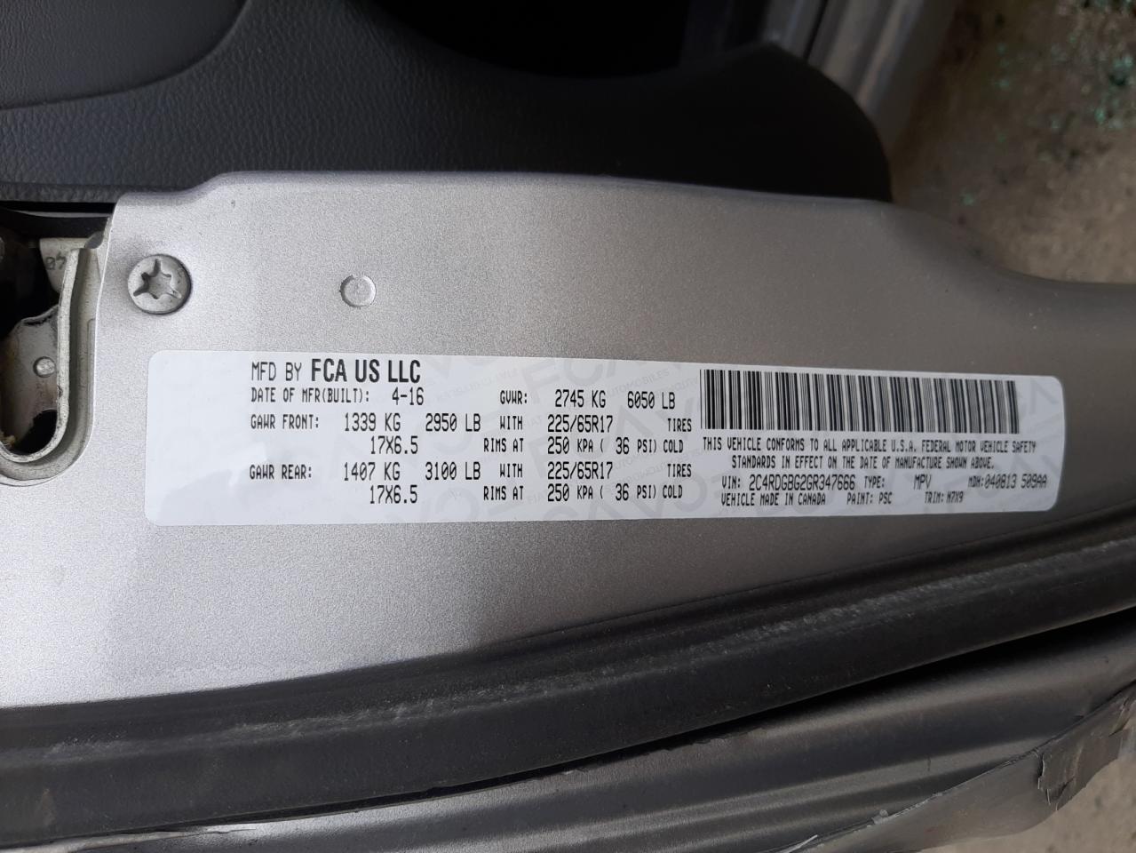 Photo 10 from auction – 2016 DODGE GRAND CARA with VIN 2C4RDGBG2GR347666