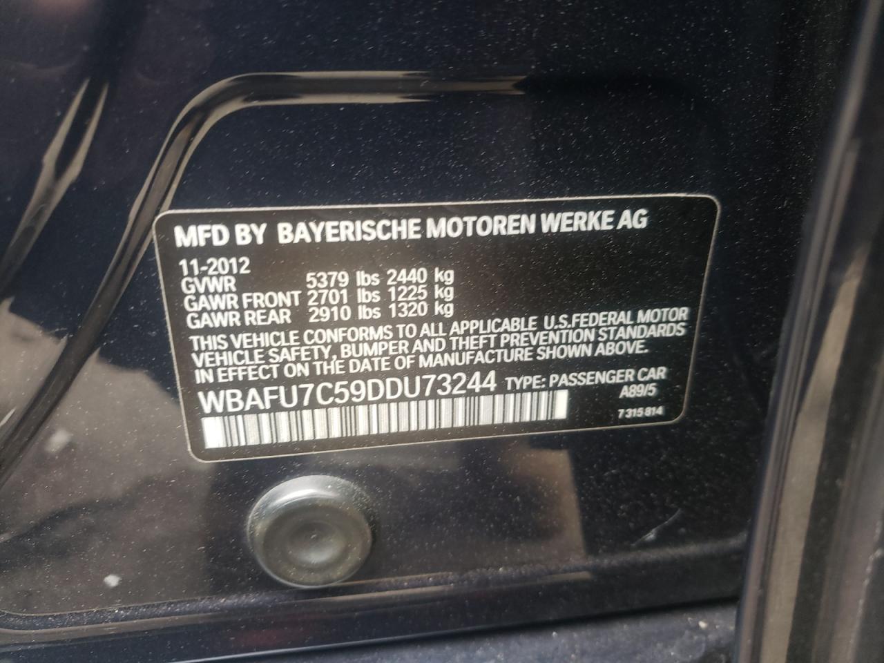 Photo 10 from auction – 2013 BMW 535 XI with VIN WBAFU7C59DDU73244