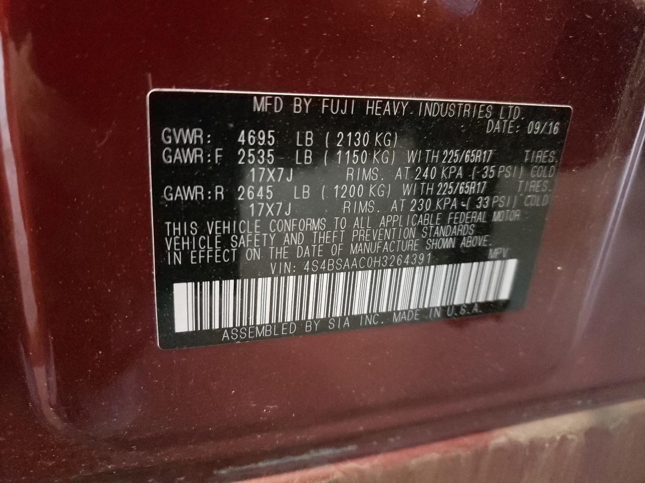 Photo 10 from auction – 2017 SUBARU OUTBACK 2. with VIN 4S4BSAAC0H3264391