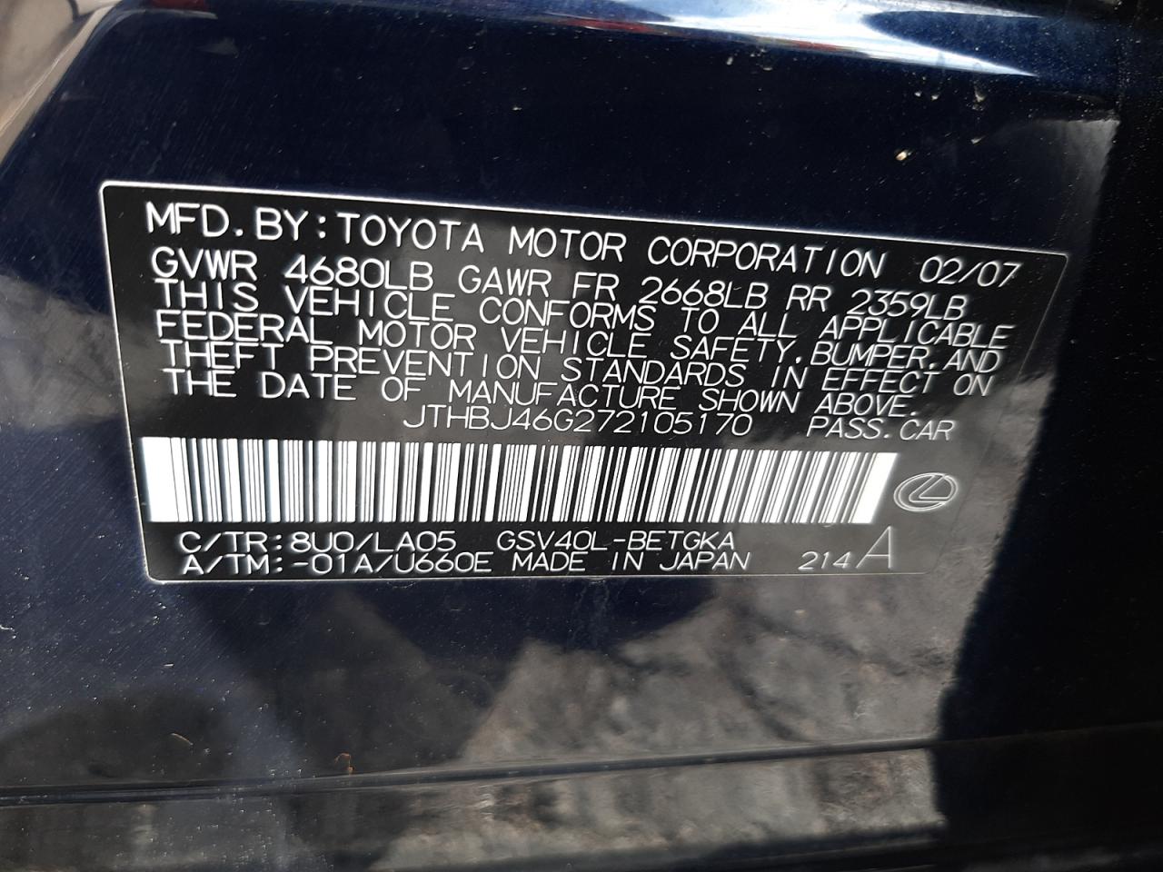 Photo 10 from auction – 2007 LEXUS ES 350 with VIN JTHBJ46G272105170